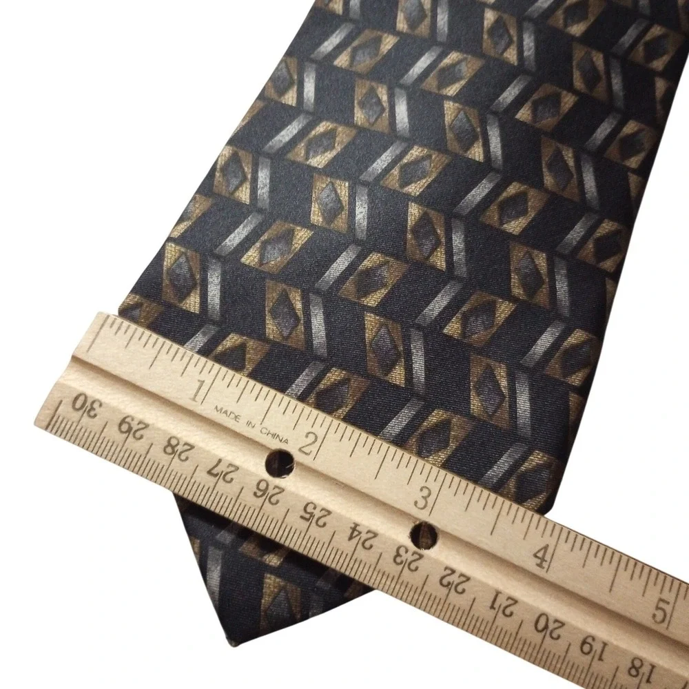 Barrington Mens Silk Tie Black Gold Silver Geometric Diamond Chevron Pattern
